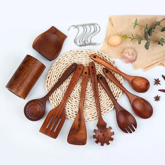 Hot Selling Teak Wood Kitchen Utensil Set Cooking Tools with Spoon Rest and Holder
