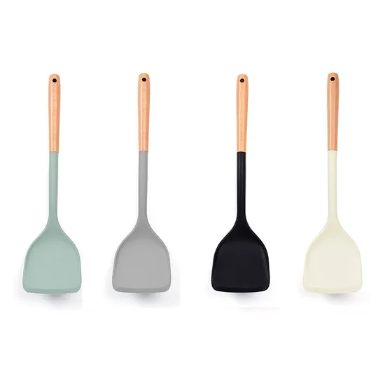 Hanging Non-Stick Silicone Spatula and Soup Ladle with Wooden Handle for Kitchen Cooking
