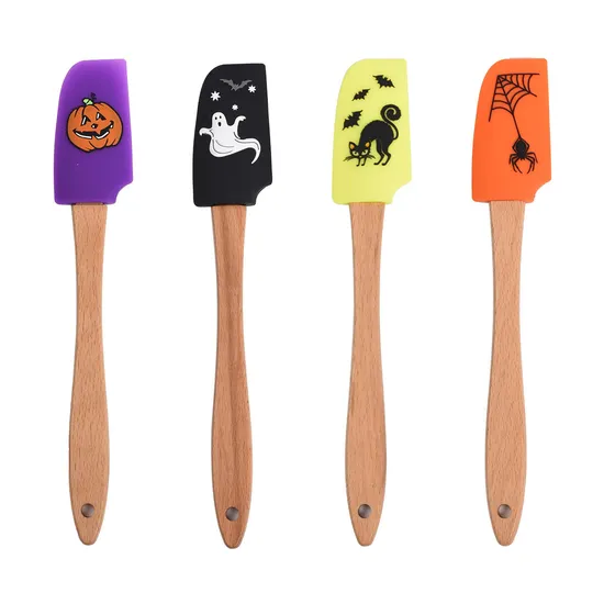 Wholesale Halloween Style Printed Silicone Cake and Cream Baking Spatula with Wooden Handle