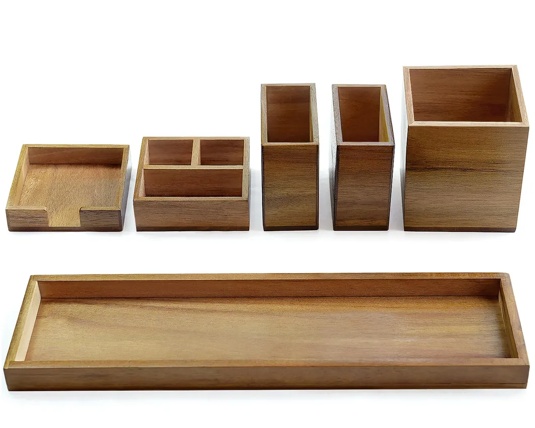 6-Piece Acacia Wood Vanity Tray Set/ Office Desk Organizer and Storage - Holds Small Items