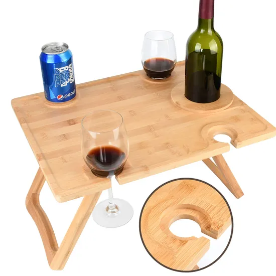 Outdoor Portable Bamboo Beach Snack Tray Wine Picnic Table for Camping