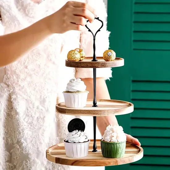 Handcrafted Acacia Wood 3-Tier Cake Stand with Removable Trays for Wedding Dessert Displays
