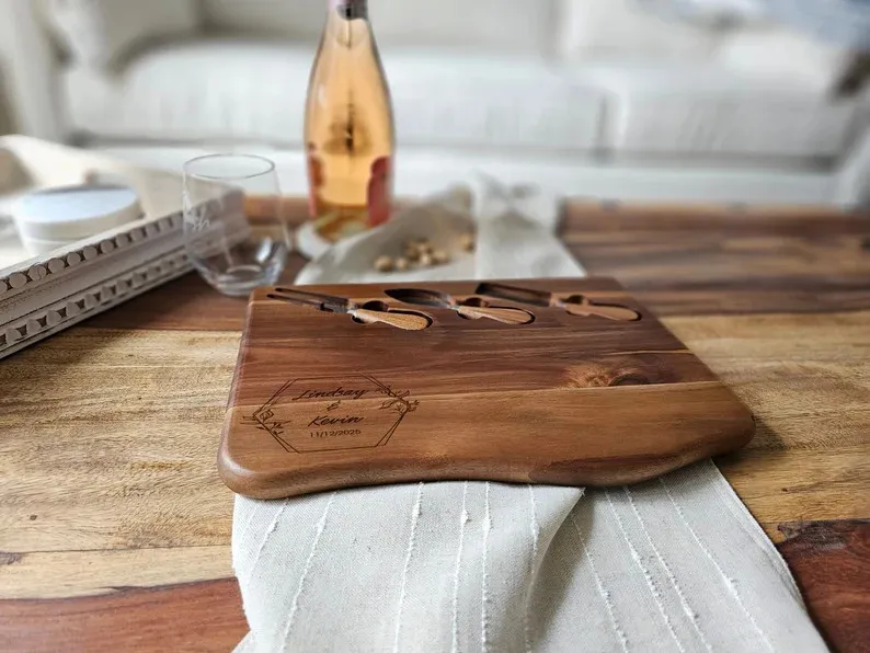 Live Edge Custom Engraved Wood Cutting Board Acacia Cheese Board with Knives Set