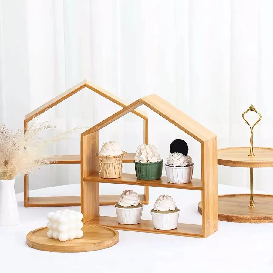Manufacture House Shape 2 Tier Wood Cup Cake Stand Bamboo Cake Rack for Dessert