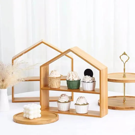 Manufacture House Shape 2 Tier Wood Cup Cake Stand Bamboo Cake Rack for Dessert