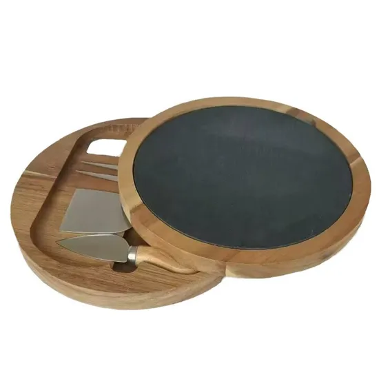 Round Compact Swivel Acacia Wood Charcuterie Boards Slate Cheese Board with Knife Set