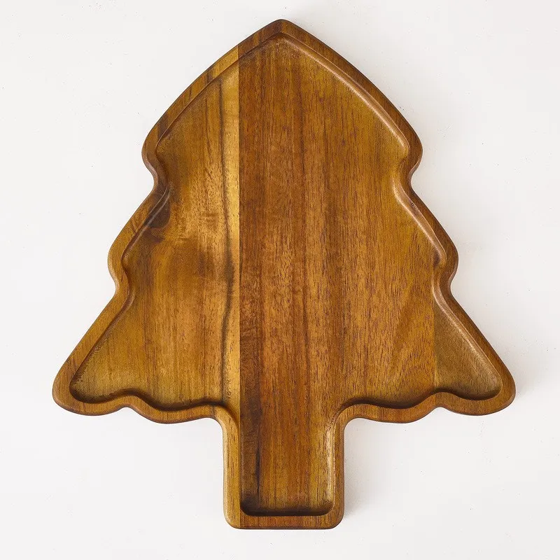 Festive Acacia Wood Christmas Tree Serving Tray for Picnics