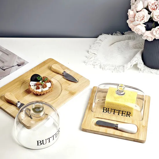 Reusable Bamboo Butter Base Butter Storage Dish with Glass Lid and Cutter