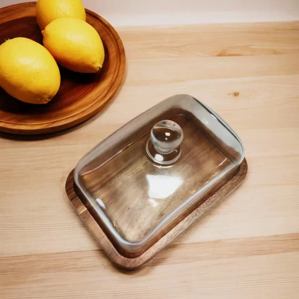 Rectangle Small Acacia Wooden Cake Stand with Glass Dome for Home Use
