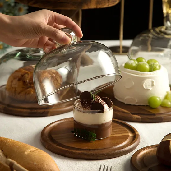Fujian Factory Manufacture Round Acacia Wood Cake Stand with Glass Dome