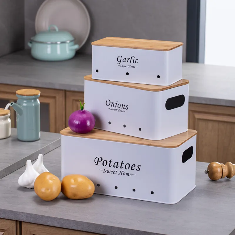 Metal Potato Onion Garlic Storage Box Set of 3 with Bamboo Lid and Handle