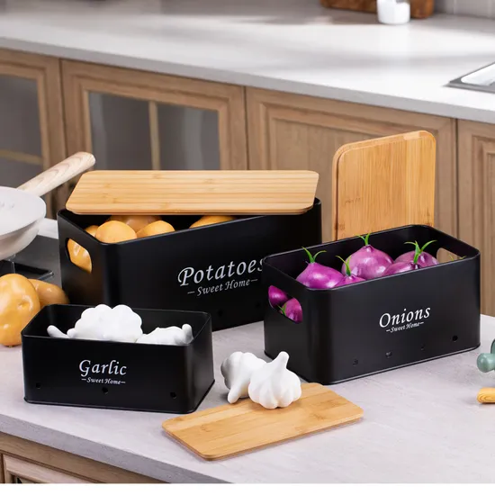 Metal Potato Onion Garlic Storage Box Set of 3 with Bamboo Lid and Handle