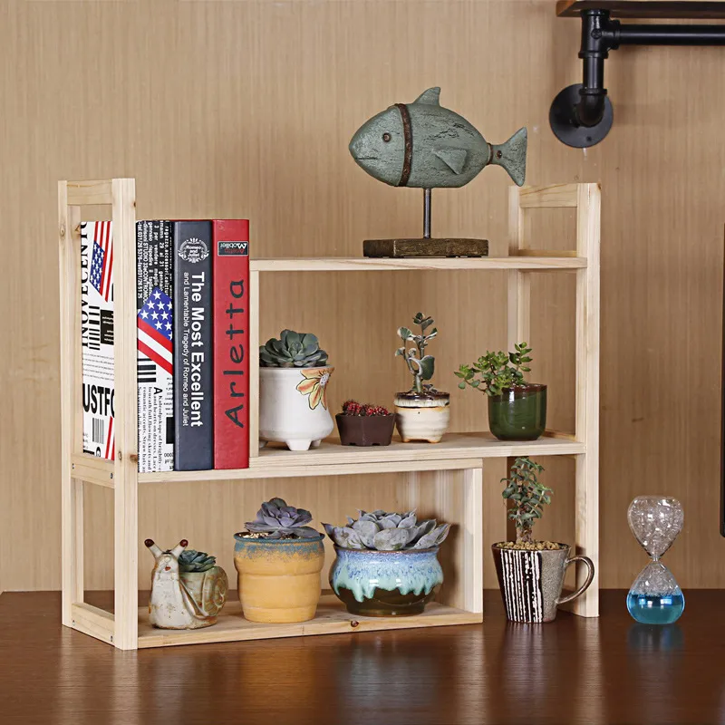 Study Wooden Desktop Bookshelf Desktop Organiser Flower Pot Stand
