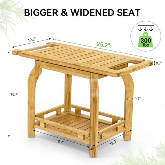 Two Layers Multifunctional Bamboo Bathroom Shower Stool Wooden Shoe-Changing Stool with Towel Hange