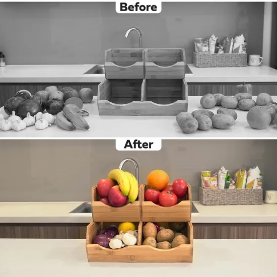 Stackable Wooden Storage Basket Bamboo Pantry Storage Bins Set of 3 for Potato / Onion