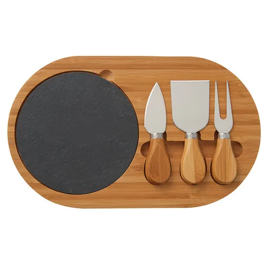 Oval Shape Acacia Wood and Slate Steak Tray Chopping Board Cheese Board with Knvies