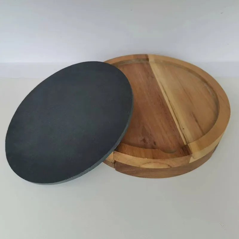 Round Compact Swivel Acacia Wood Charcuterie Boards Slate Cheese Board with Knife Set