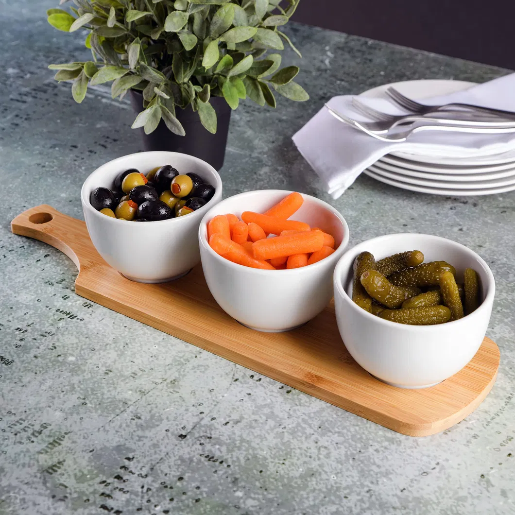 Elegant 3-Piece White Tidbit Bowl Set with Bamboo Serving Tray