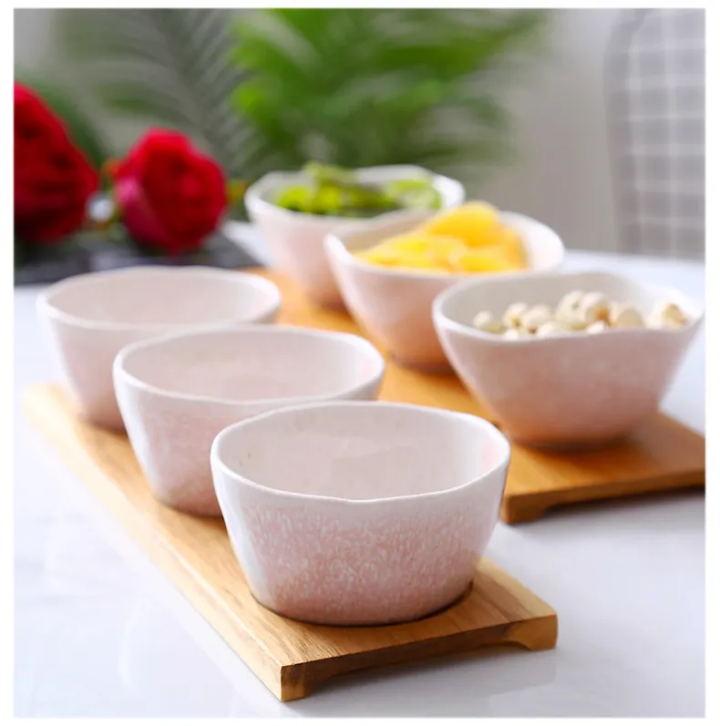 Stylish Ceramic Snack Plate Set with Wooden Serving Tray