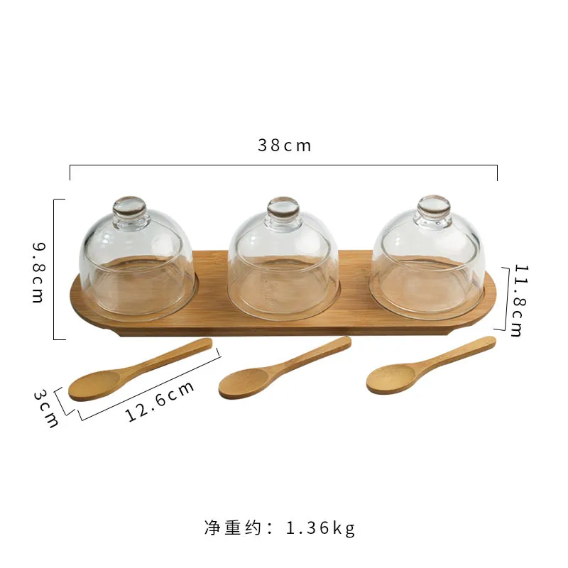 2 PCS Set Bamboo Cake Plate Cake Stand Butter Dish with Glass Cup and Lid