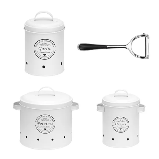 Black Metal Round Onions Patatos Storage Garlics Canister Set