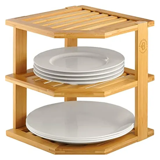 Bamboo Kitchen Corner Shelf Organizer Cabinet Corner Shelf with 3 Layers for Plates/Dishes/Bowls