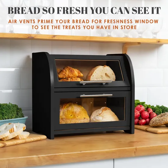 Double Large Bamboo Bread Storage Box with Cutting Board for Kitchen