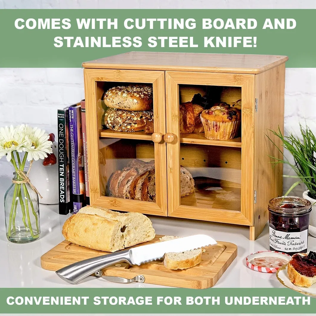 Multifunctional 2 Layer Bamboo Bread Box with Cutting Board for Kitchen Counter and Bakery