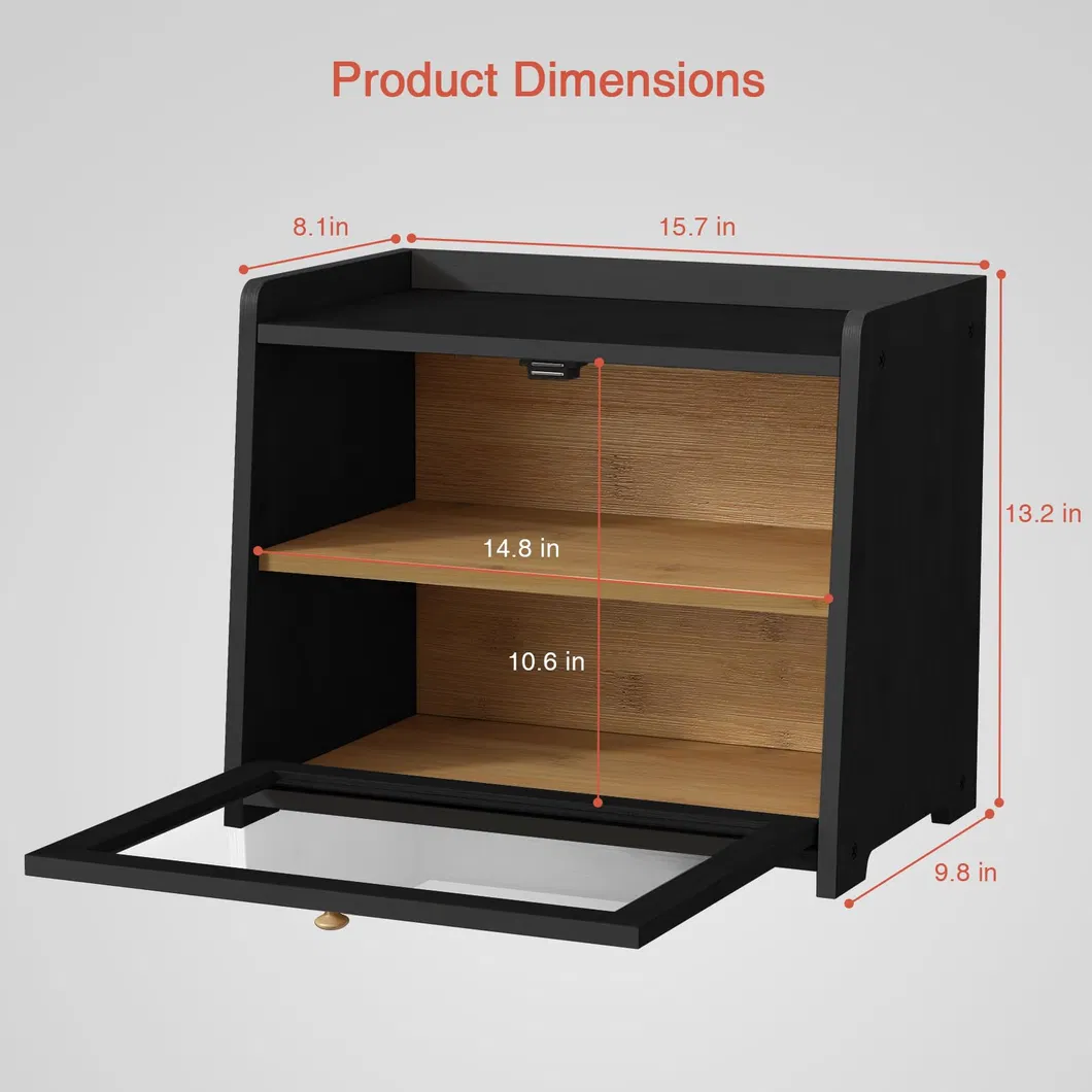 Durable Black Color 2-Tier Bamboo Kitchen Bread Storage Box