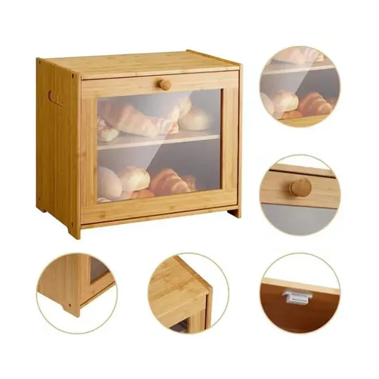 Double Layer Bamboo Bread Box Storage Container with Clear Windows for Kitchen Countertop