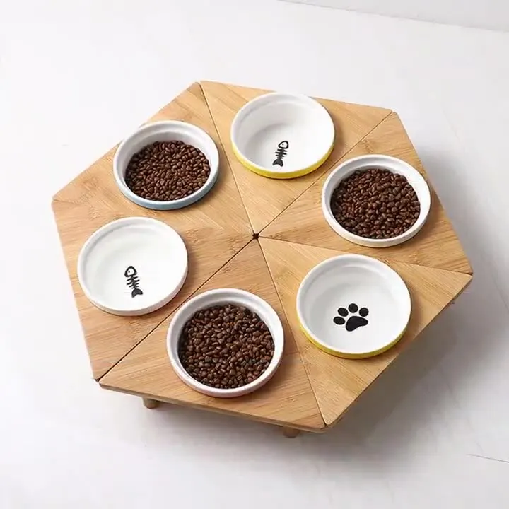 Anti - Spillage Ceramic Pet Food Bowl with Bamboo Stand for Dogs and Cats