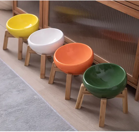Creative Ceramic Pet Water Bowls Food Bowl with Sturdy Bamboo Base