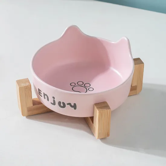 Ceramic Pet Cat Bowl Dog Bowl with Bamboo Wooden Shelf