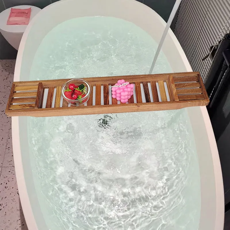 Simple Vintage Acacia Wood Bathtub Rack Caddy Tray for Bathroom