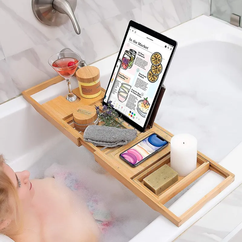 Bamboo Bathtub Rack Wine Book Tablet Phone Soap Holder