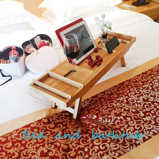 Extendable Bamboo Bathtub Caddy Tray Table with Folding Legs