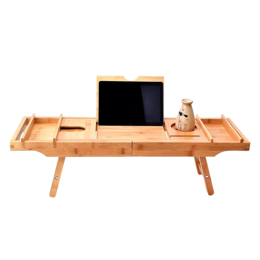 Extendable Bamboo Bathtub Caddy Tray Table with Folding Legs