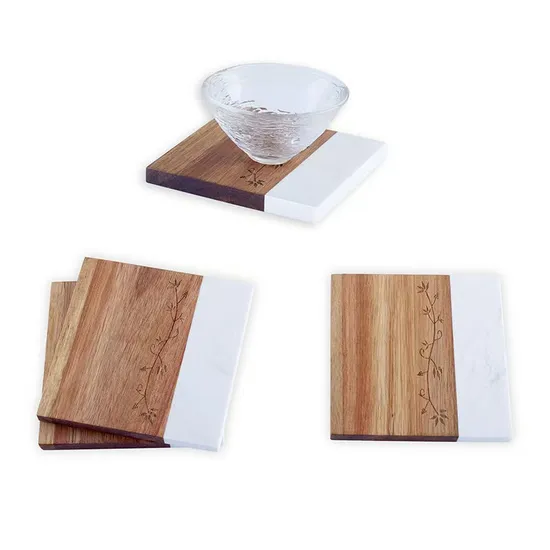 Heat-Resistant Square Marble & Acacia Wood Coasters Set, Mixed Round/Square/Irregular Shapes