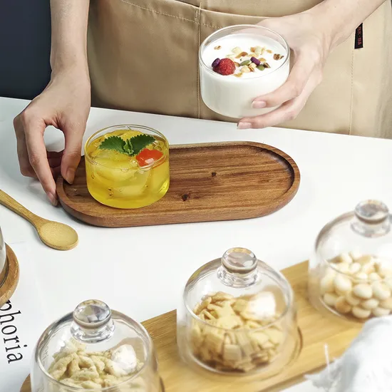 Acacia Wood Tray with Glass Bowl for Desserts Pudding Snacks