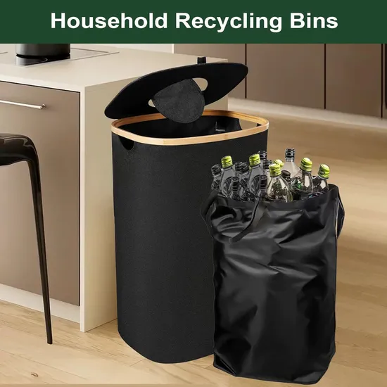 Wholesale Fodable and Waterproof Oval Bamboo Fabric Sundries Collection Bucket for Bottles and Can Storage