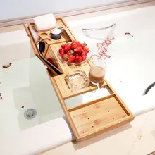 Extendable Bamboo Bathtub Caddy Tray with Reading Rack, Tablet Holder, Cellphone Tray and Wine Glass Holder