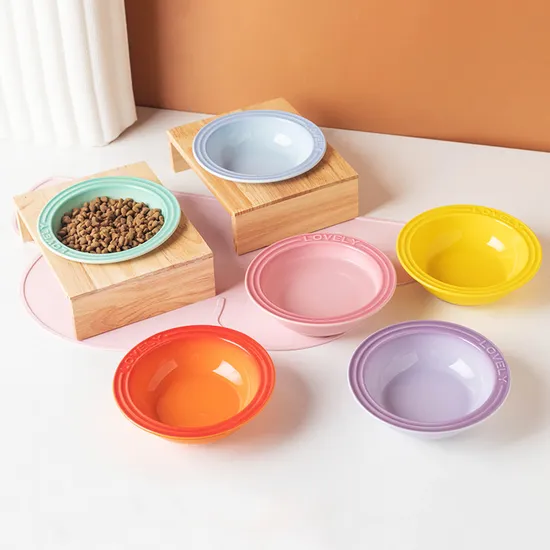 Ceramic Pet Bowl Dog Cat Food Water Bowl / Plate with Bamboo Wooden Stand