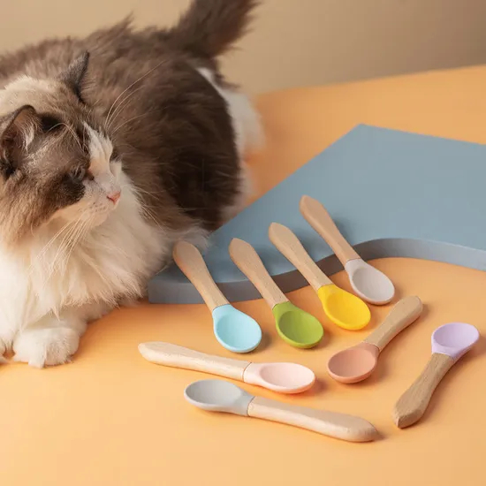 Pet Supplies Silicone Pet Cat Dog Feeding Spoon with Beech Wood Handle