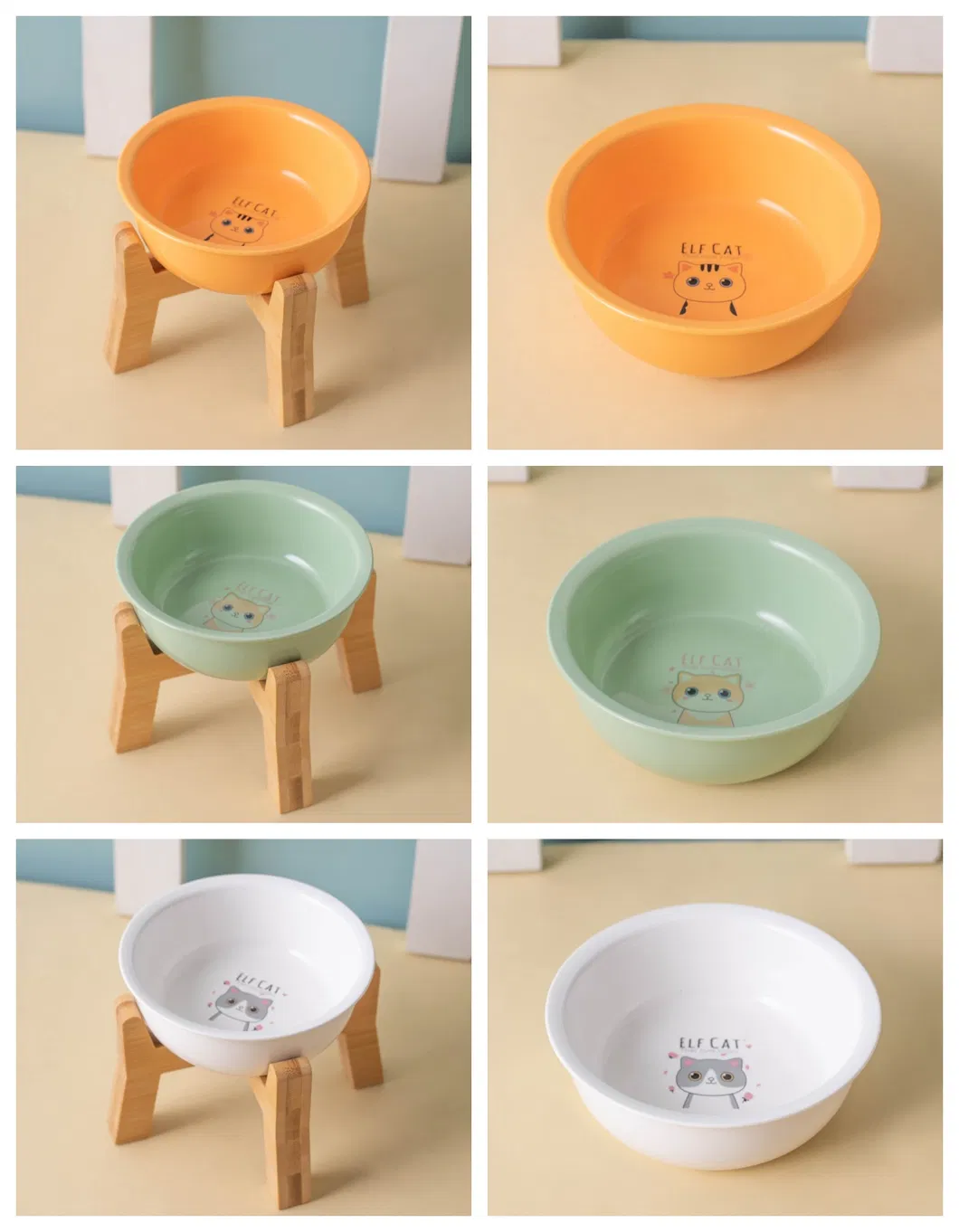 Nordic - Style Pet Ceramic Snack Food Bowl with Wooden High - Foot for Dog and Cat