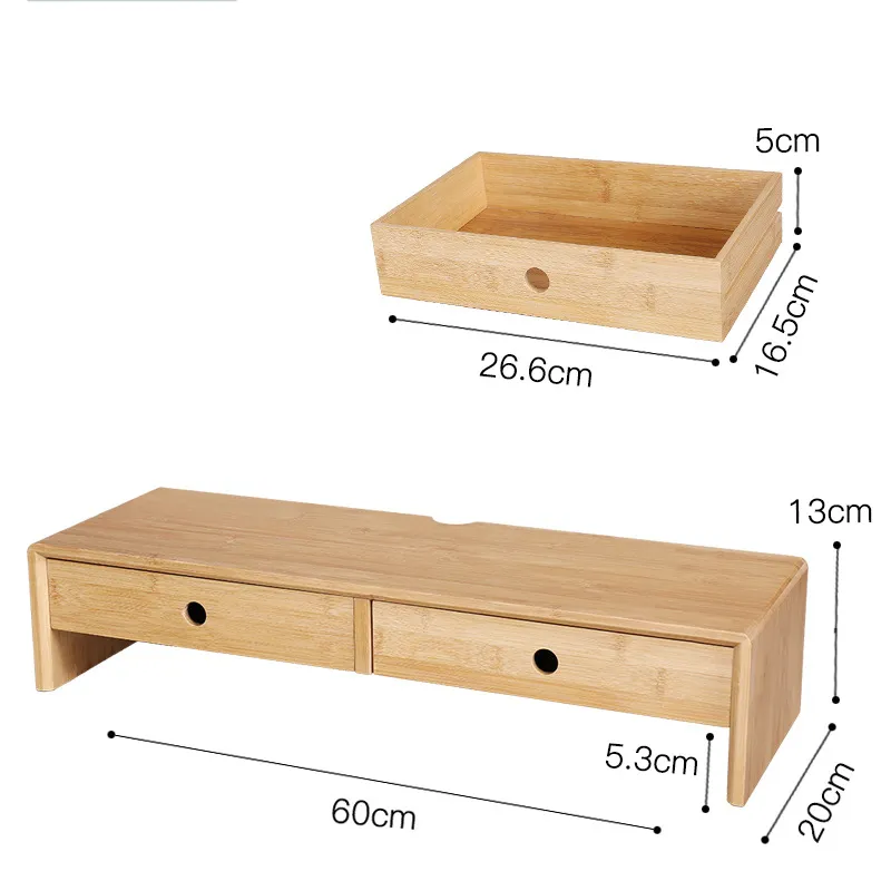 Bamboo Computer Monitor Stand with Storage Organizer Drawers