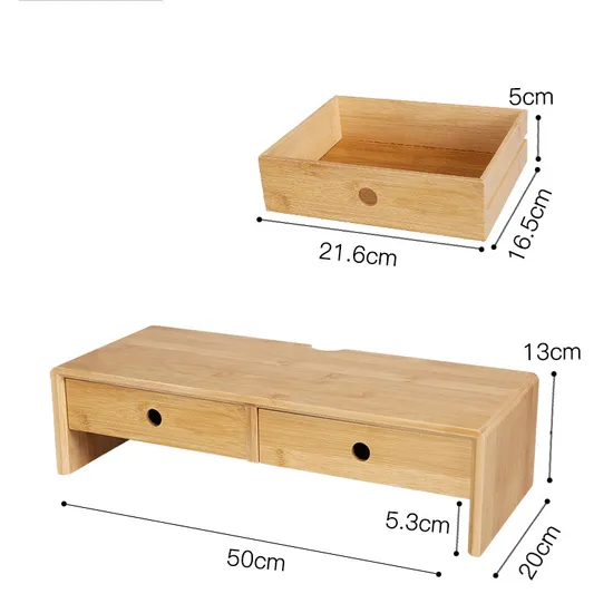 Bamboo Computer Monitor Stand with Storage Organizer Drawers