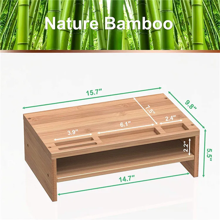 Double-Layer Bamboo Desktop Storage Shelf Computer Riser Monitor Stand