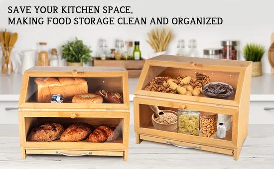 2-Tier Large Capacity Food and Bread Storage Bin Bread Box for Kitchen Counter