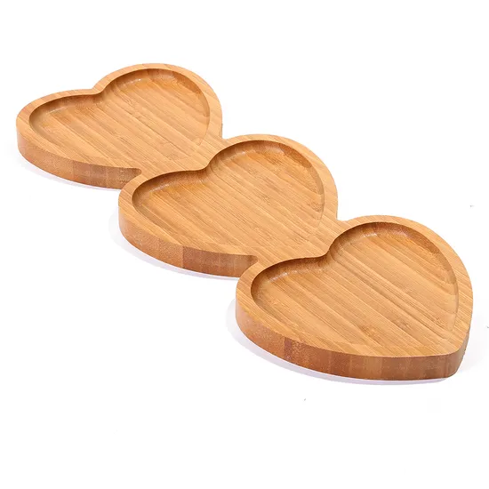 Attractive 3 Divided Heart - Shaped Wooden Tray Bamboo Plate for Serving Food