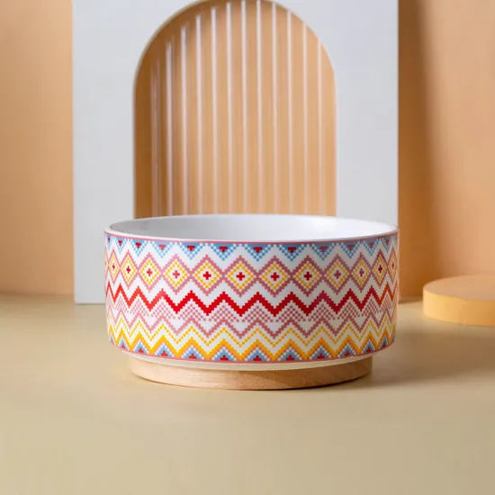 Fashion Good Design Ceramic Pet Bowl with Bamboo Wooden Base for Dogs and Cats